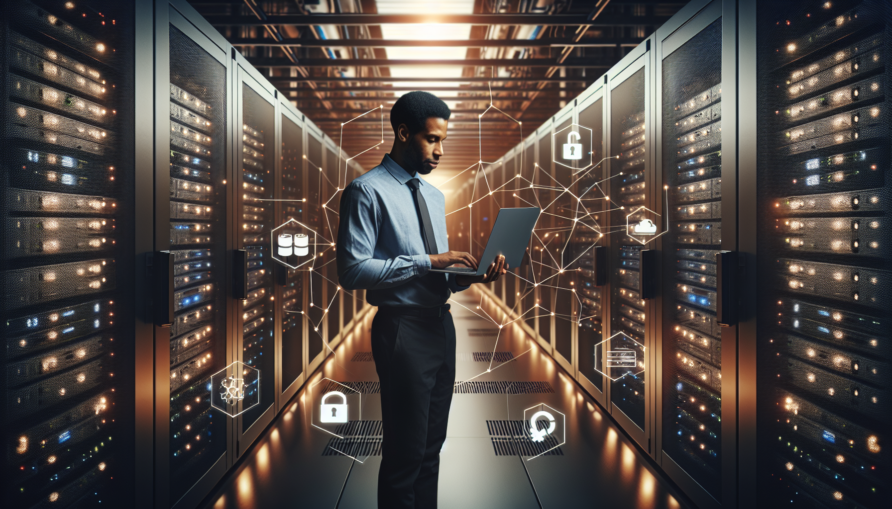 Sala de servidores y profesional de TI que representa capas de protección como firewall, cifrado y backup.
